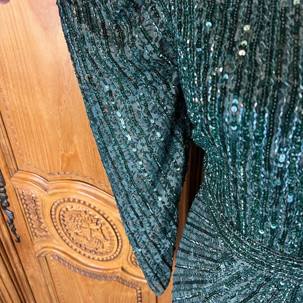 NEW Mac Duggal 93676 Bead Lace Long Sleeve Midi Dress Emerald Holiday Wicked - Picture 5 of 11